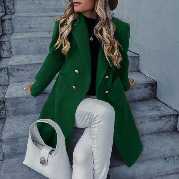 MODA ME COUTURE Jackets & Blazers - GREEN Double Breasted Lapel Collar Button Up pocketed Overcoat
